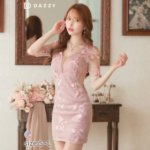 [SML/3サイズ展開]Vネック フラワー 刺繍 ウエストシアー 五分袖 タイト